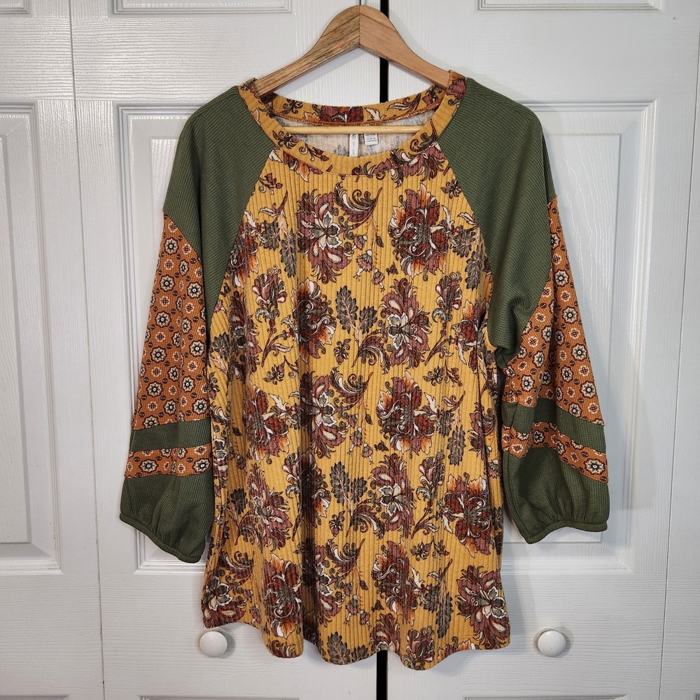 Cato Plus Size 18/20W Floral Ribbed Mixed Media Top Olive Green Waffle Raglan